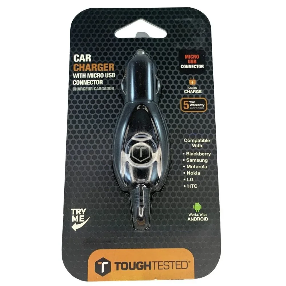 Tough Tested Micro USB Car Charger With Quick Charge and 8 ft Cord NEW